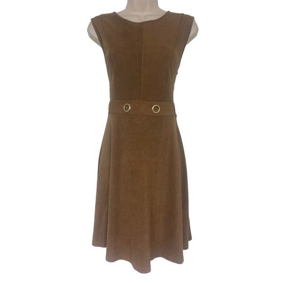 Size 12 BROWN SUEDE DRESS‎ W/GOLD HARDWARE Day/Evening All-Season Classy Party - Picture 1 of 5